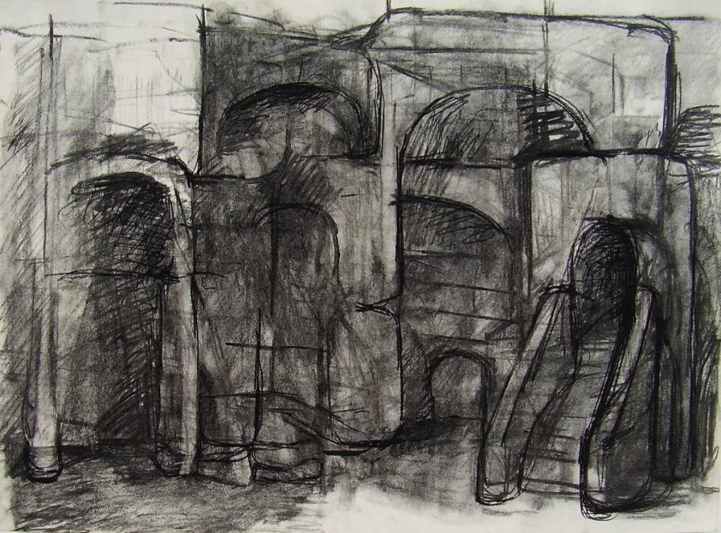 Gebäudeinneres, 2010, Kohle auf Papier, 50 x 65 cm