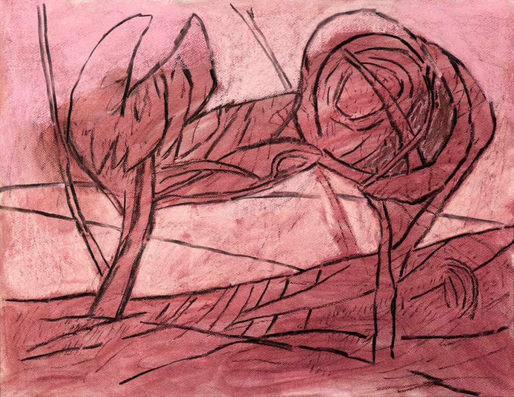 Bäume rot, 2021, Kohle, Pastell auf Papier, 50 x 65 cm