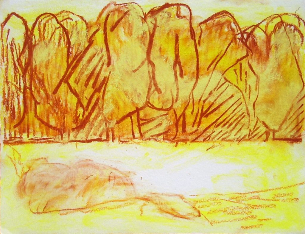 Golden River, 2018, Pigment, Pastell, Rötel auf Papier, 30 x 40 cm