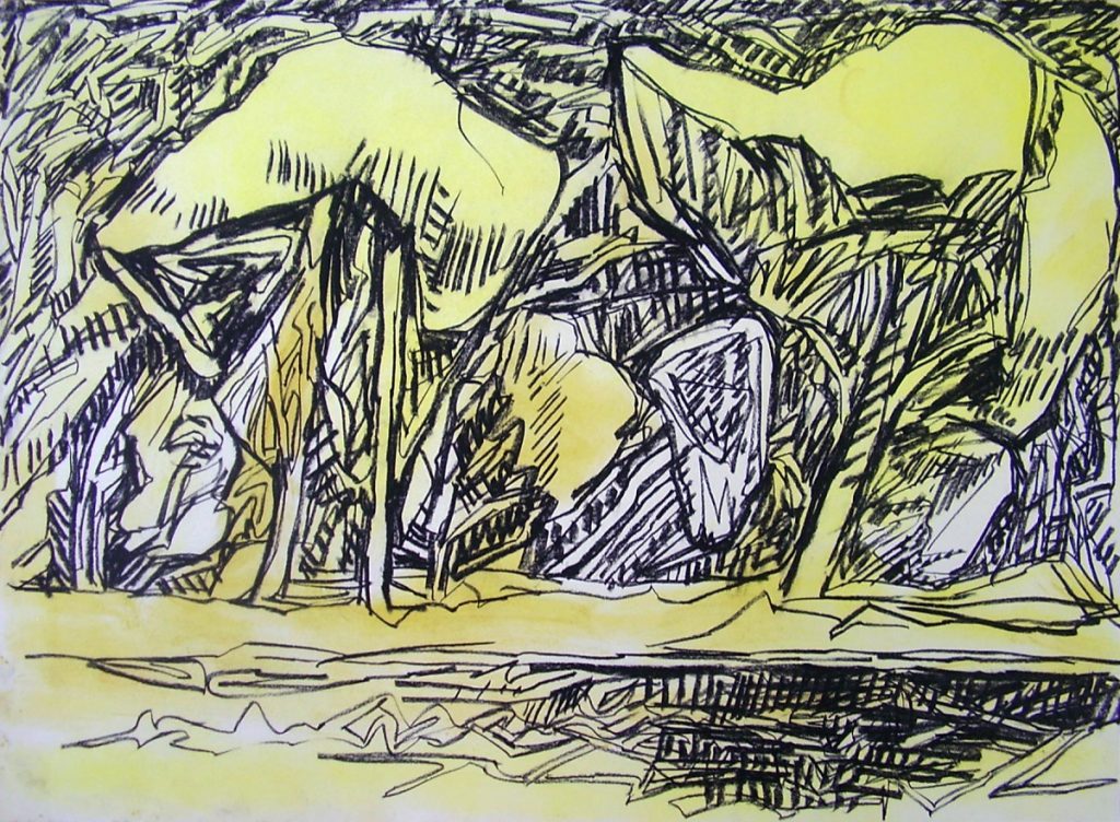 Uferwald, 2019, Kreide, Pigment auf Papier, 50 x 65,5 cm